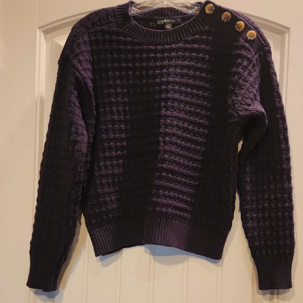 Ann Taylor Navy Button-Detail Women's Crewneck Sweater